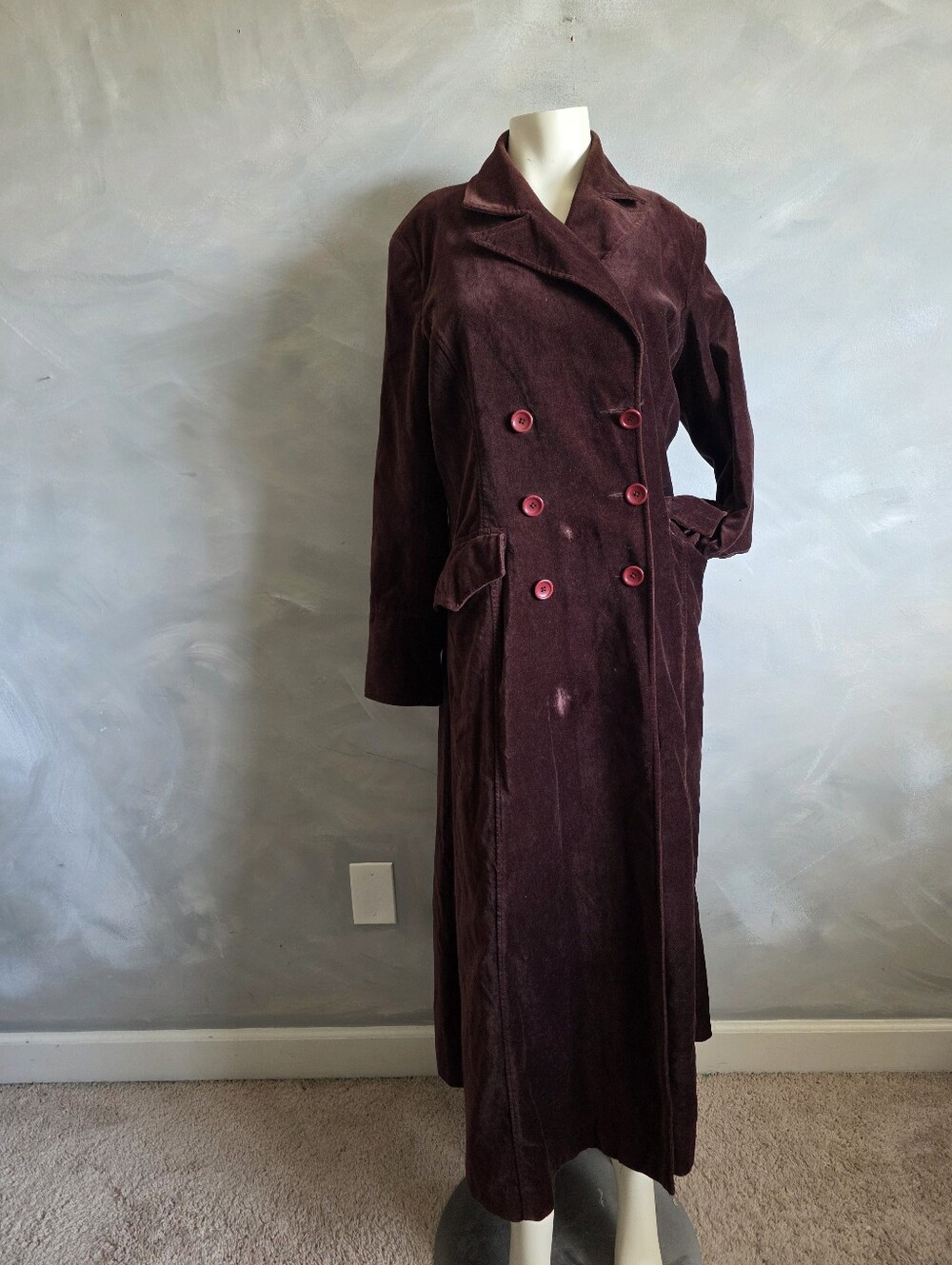 Vintage Newport News Double Breasted Velvet Maxi Floor Trench Coat 12 Brown